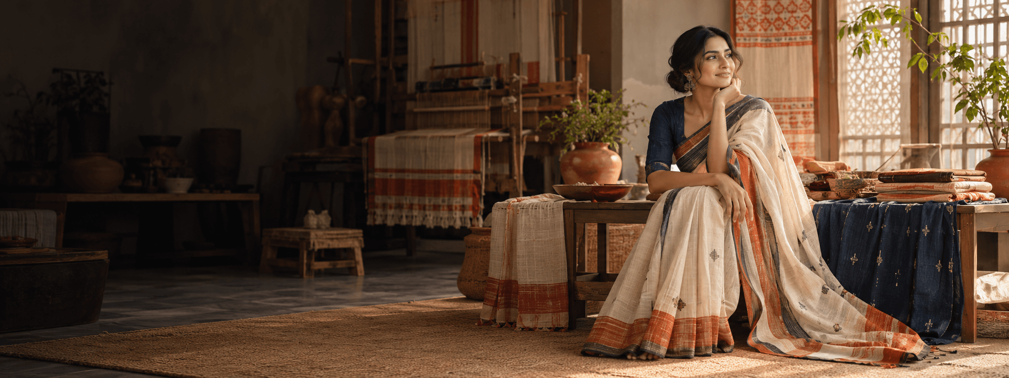 A contemporary Bangladeshi fashion portrait in a craft-inspired textile atelier