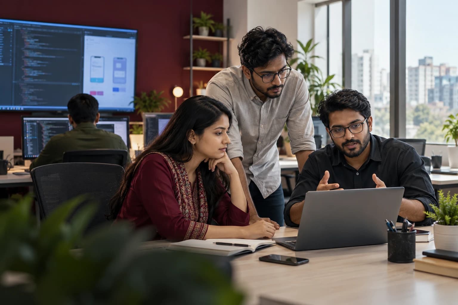 Bangladeshi software professionals collaborating on a digital product in a Dhaka workspace
