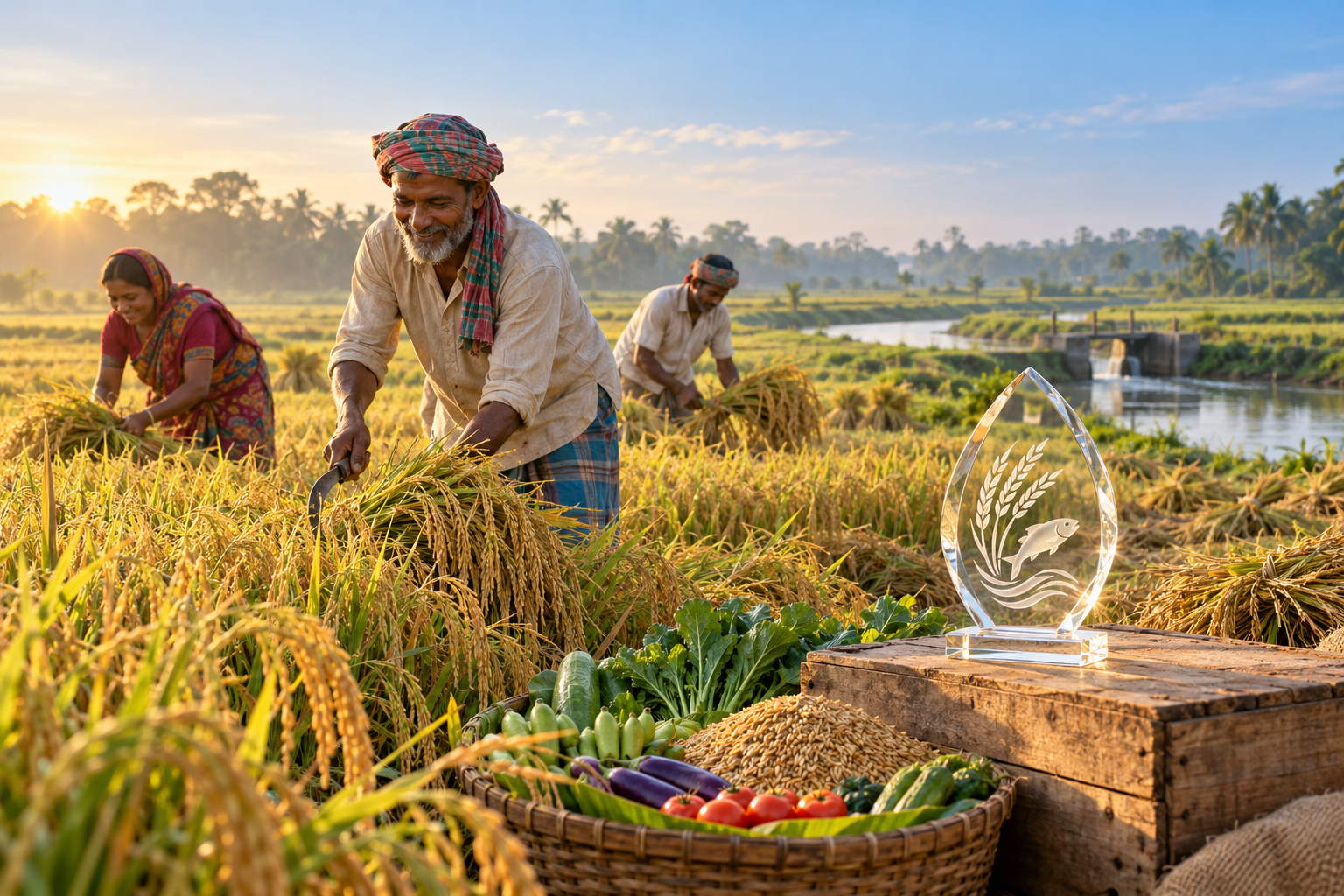 Bangladeshi farmers harvest rice beside fresh produce and a single crystal food systems award.
