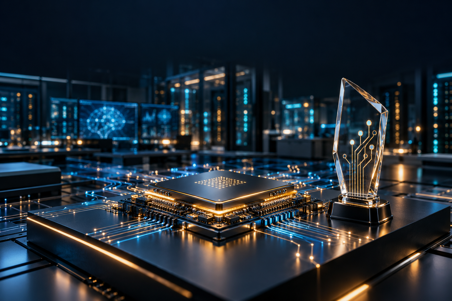 An AI accelerator chip and neural-network circuitry beside a single glass technology recognition award.