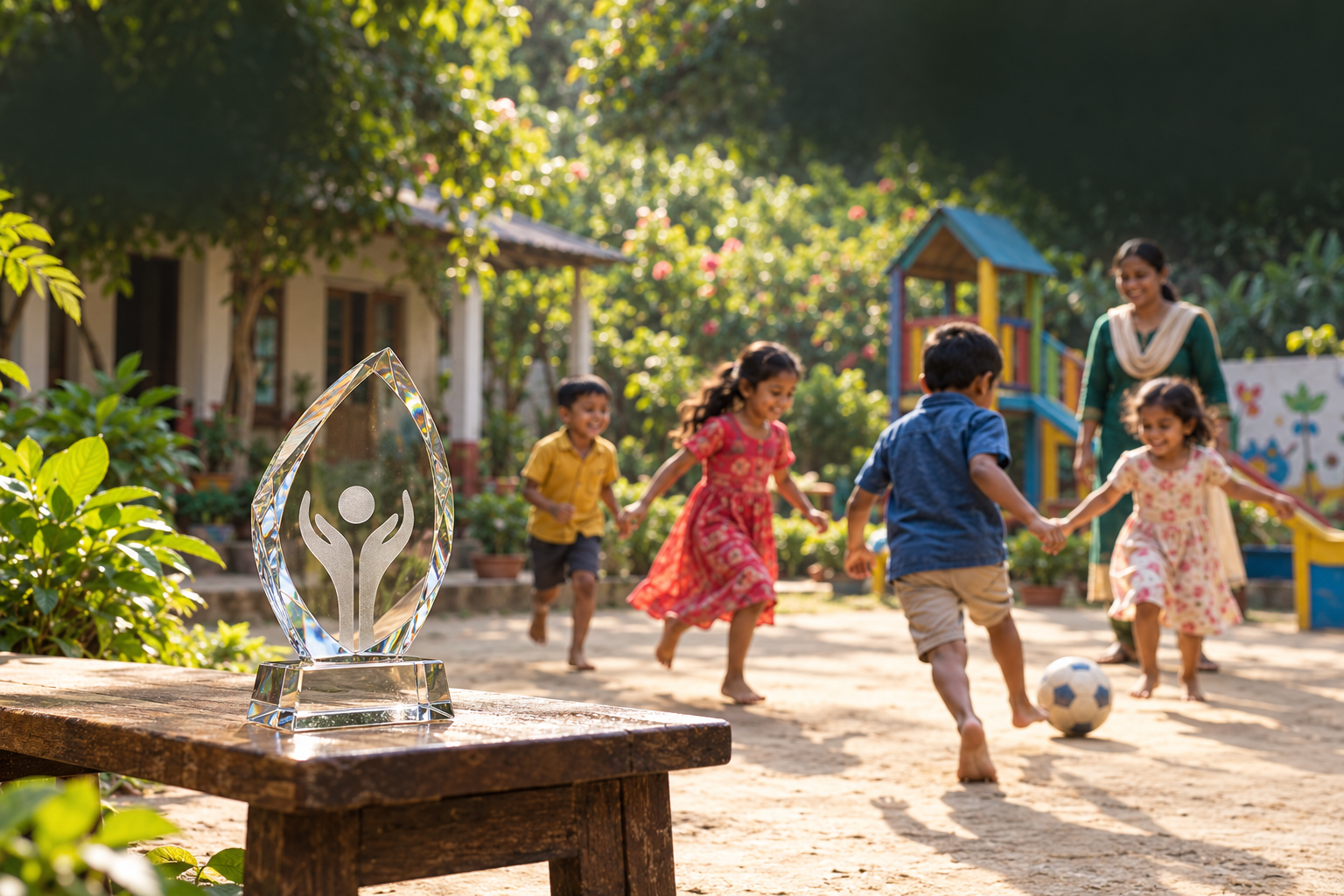 Children playing safely in a community courtyard beside a single glass award shaped like protective hands.