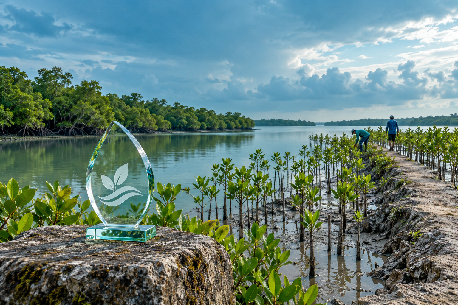 A single glass recognition award beside mangrove restoration along a Bangladesh tidal river.