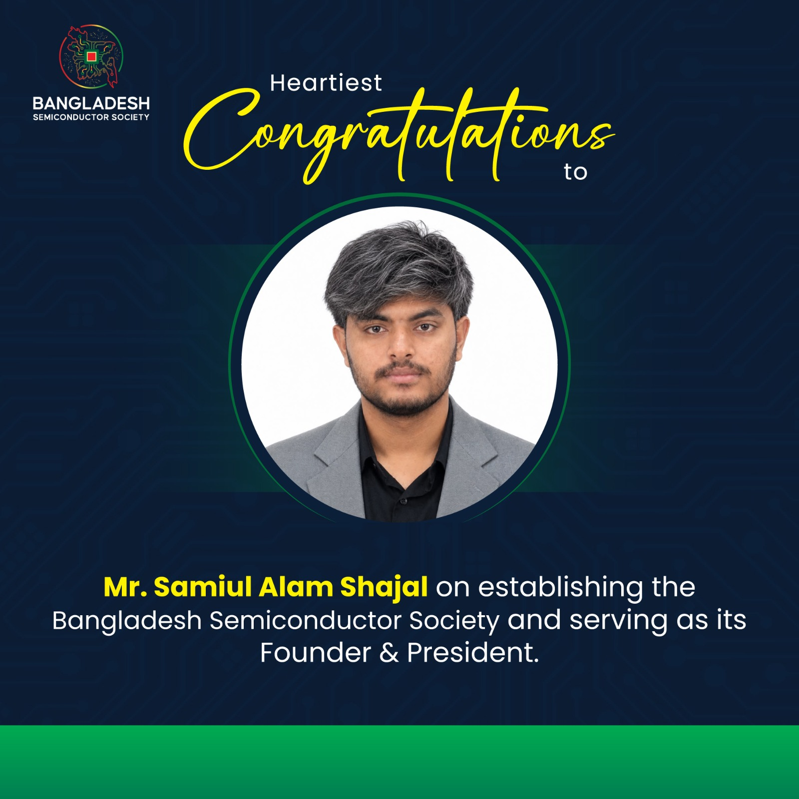 Congratulatory artwork featuring Samiul Alam Shajal and Bangladesh Semiconductor Society.